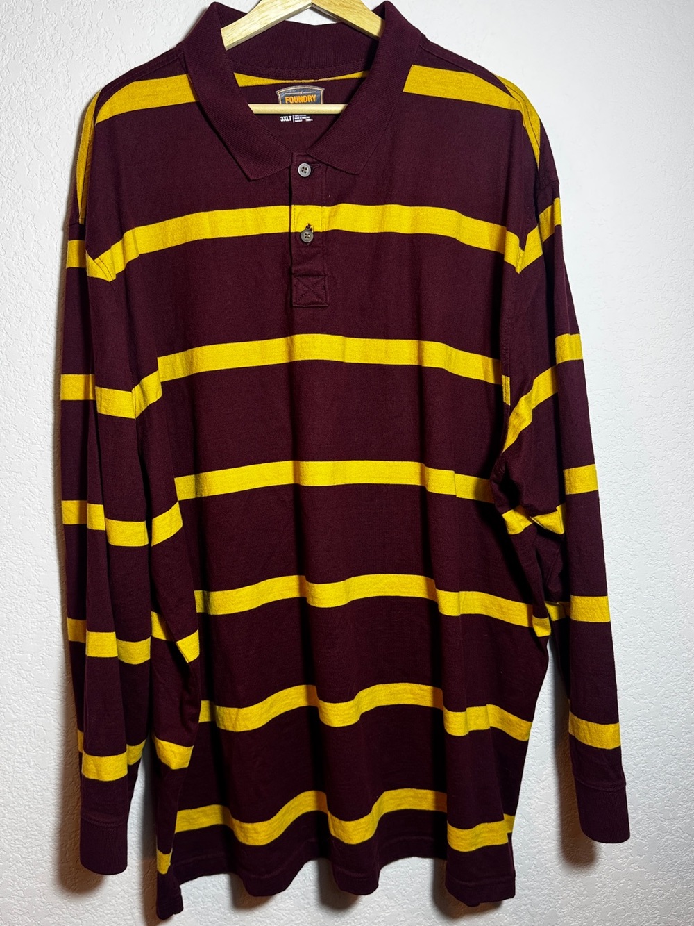 The Foundry Supply Co Polo Shirt Mens 3XLT Burgundy Gold Stripe Long Sleeve